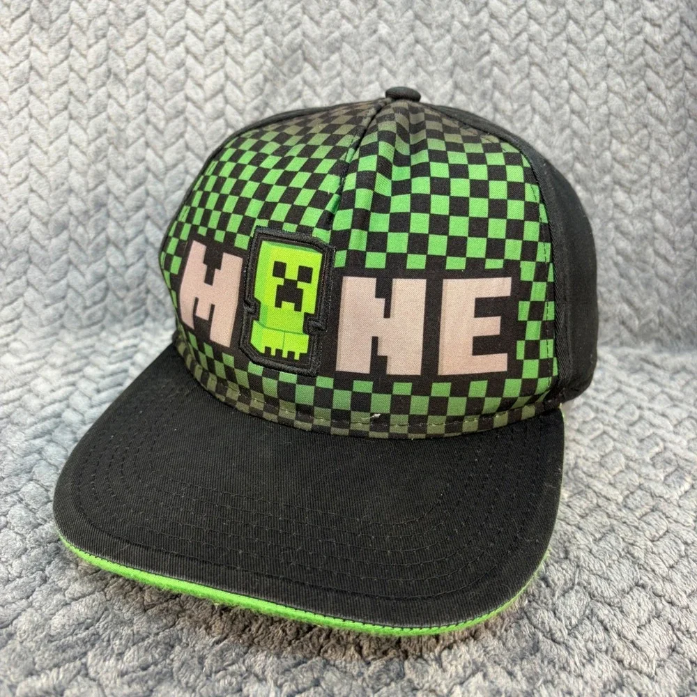 Minecraft Youth Snapback Hat Green Black Checkered Creeper Flat Brim Cap OSFM